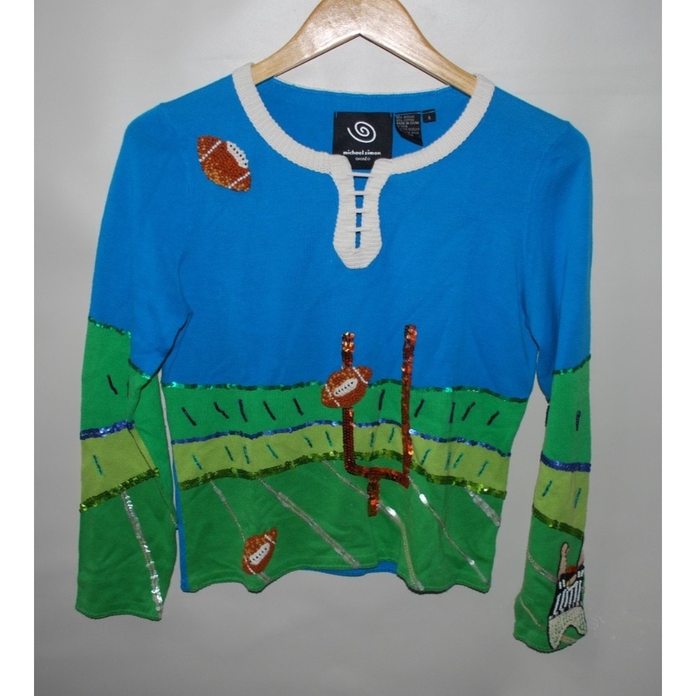 Michael Simon Green Football Embroidered Sweater Women's S Small – Used